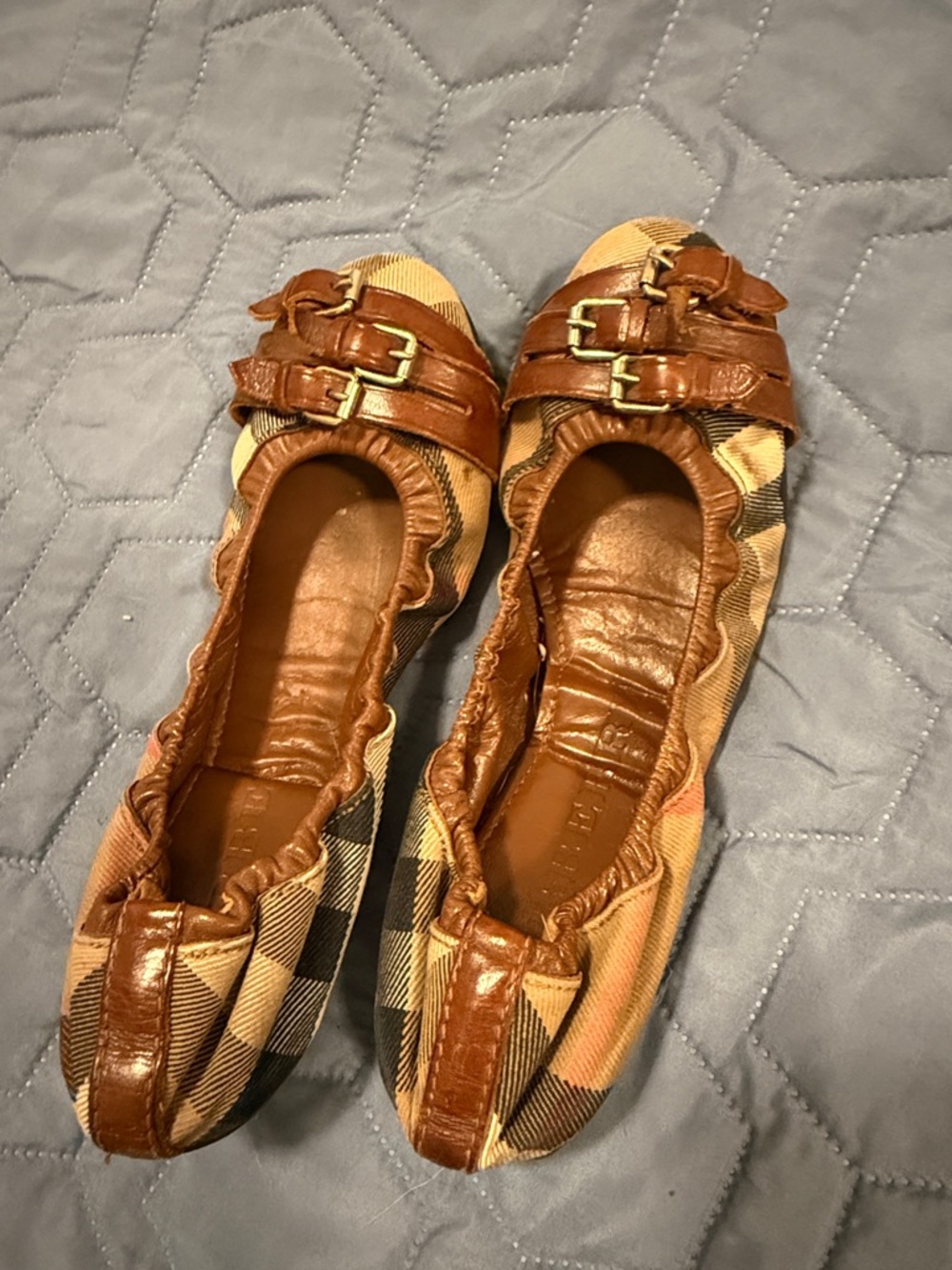 Burberry Tan & Brown Plaid Ballet Flats with Double Buckle
